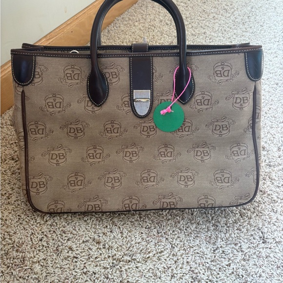 Dooney and Bourke TAN & BROWN DOUBLE HANDLE TOTE LARGE BAG PURSE LOGO 14x10x6 - Picture 1 of 9